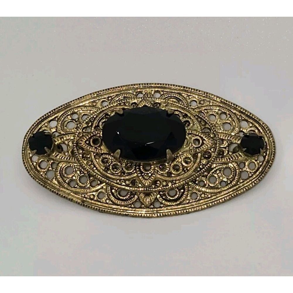 Vintage West Germany Goldtone Black Jet Glass Brooch Pin Oval‎